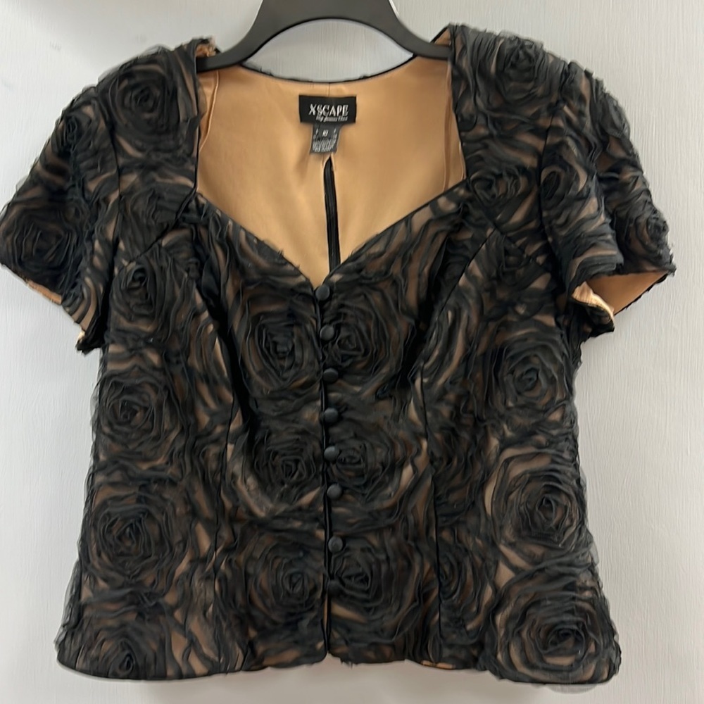 Xscape by Joanna Chen Black Lace Rosebud Blouse Size 10